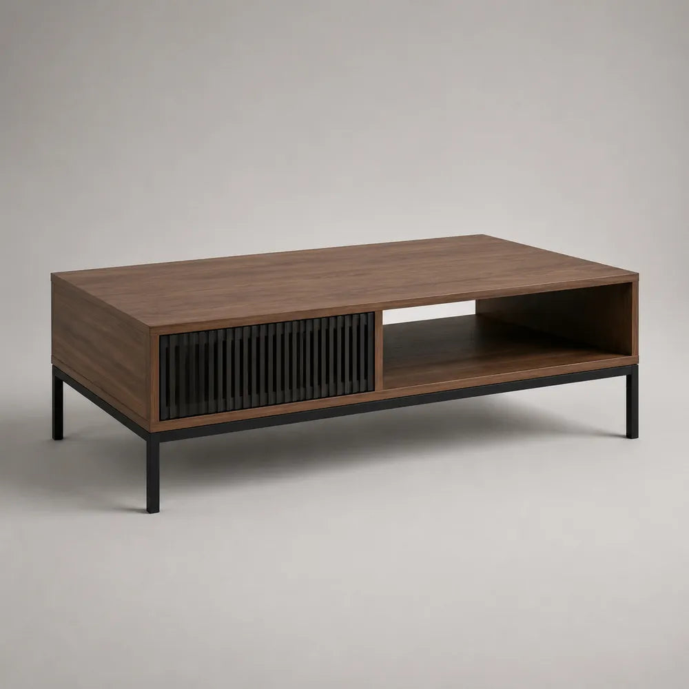 Table basse rectangulaire 120 cm en MDF effet noyer avec compartiment ouvert façade cannelée noire et pieds acier noir 120 x 60 x 40 cm