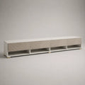 Meuble TV 240 cm en MDF blanc avec portes texturées niches ouvertes et pieds dorés 240 x 40 x 45 cm