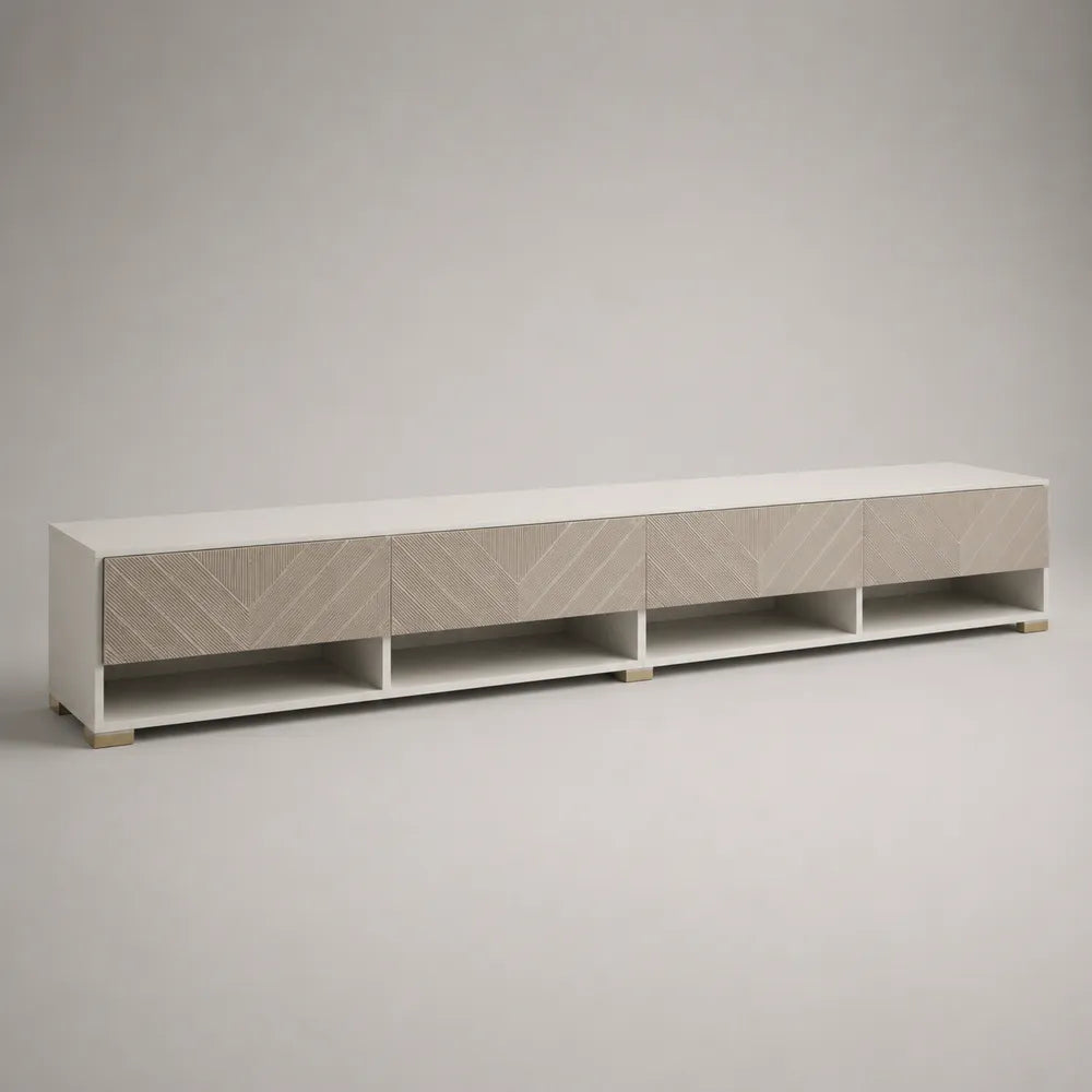 Meuble TV 240 cm en MDF blanc avec portes texturées niches ouvertes et pieds dorés 240 x 40 x 45 cm