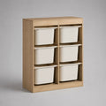Étagère sur pied 120 cm en MDF effet chêne avec 6 bacs de rangement blancs 120 x 35 x 120 cm
