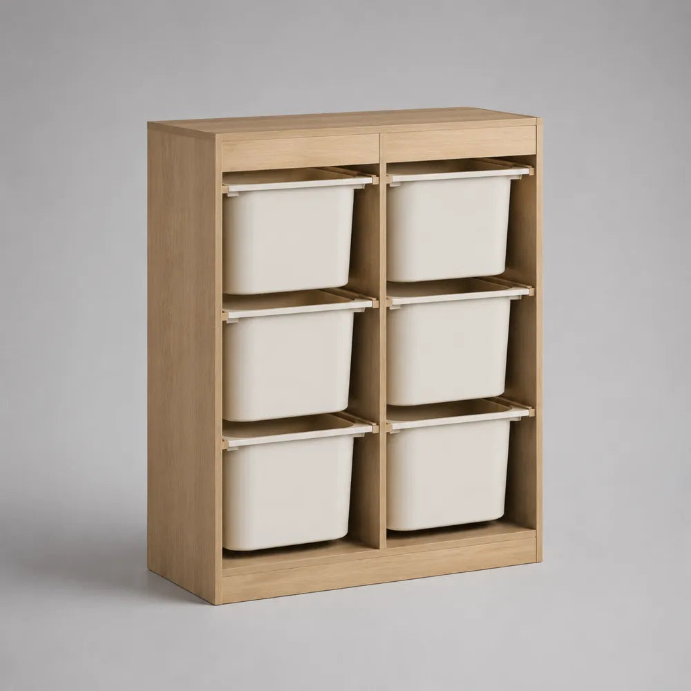 Étagère sur pied 120 cm en MDF effet chêne avec 6 bacs de rangement blancs 120 x 35 x 120 cm