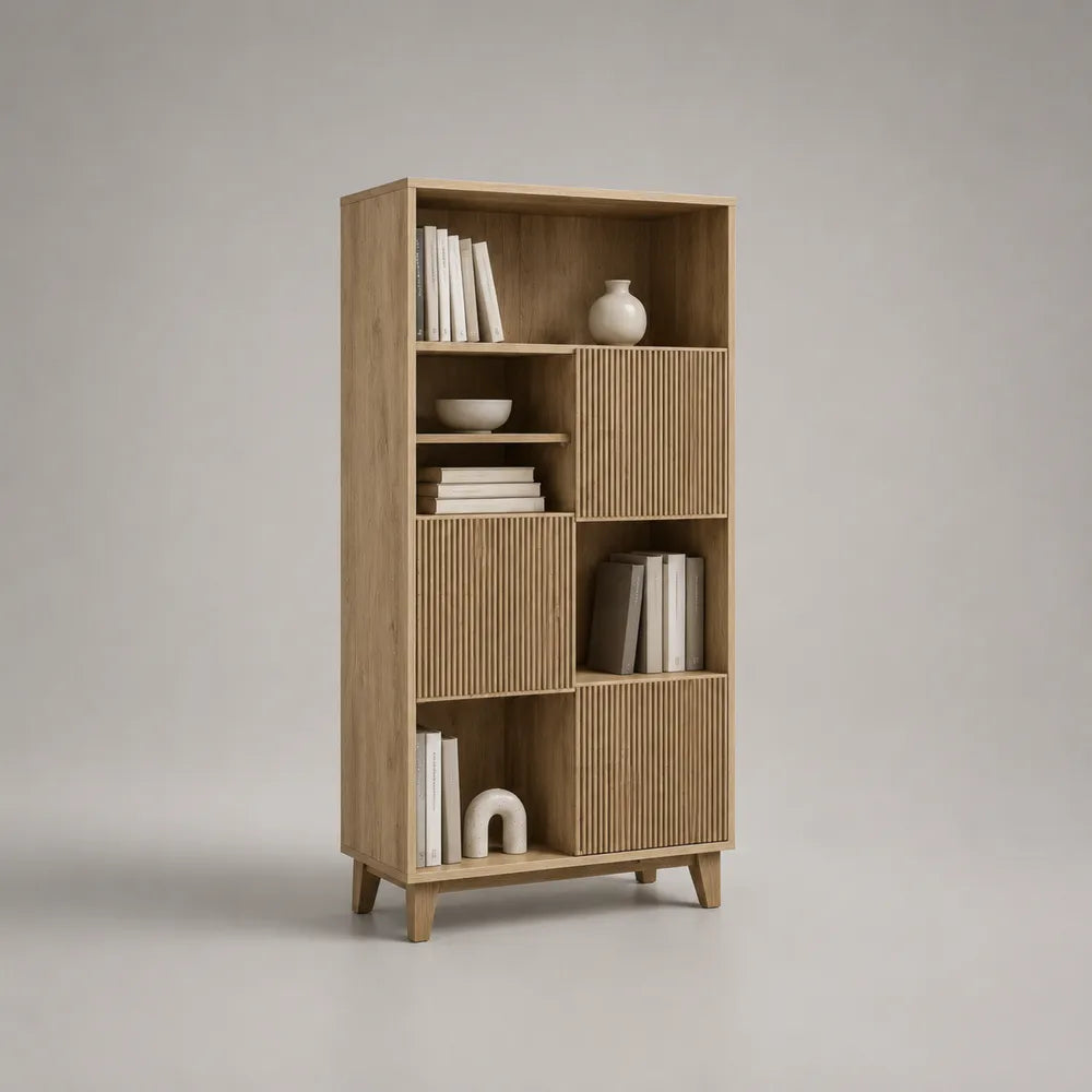 Bibliothèque avec portes rainurées en MDF finition chêne clair structure rectangulaire 90 x 35 x 180 cm