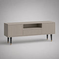 Meuble TV en MDF beige avec portes rainurées niche ouverte et pieds en acier noir 200 x 40 x 55 cm