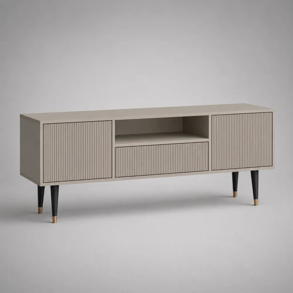 Meuble TV en MDF beige avec portes rainurées niche ouverte et pieds en acier noir 200 x 40 x 55 cm