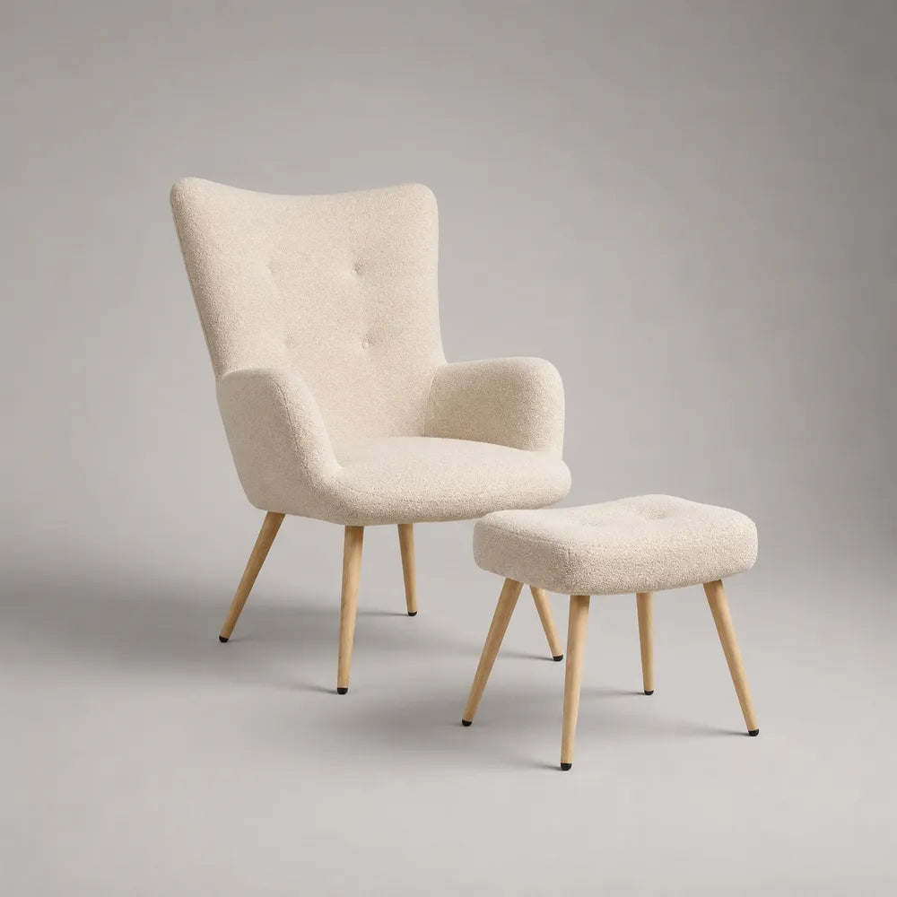 Fauteuil avec repose-pieds 75x78x98 cm en tissu polyester bouclé beige avec pieds en bois naturel