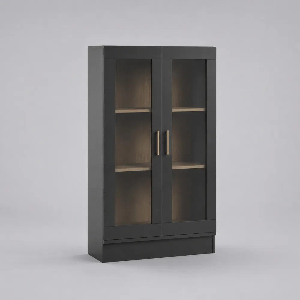 Bibliothèque 100x40x180 cm en MDF noir avec 2 portes vitrées et étagères
