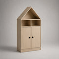 Étagère sur pied en MDF forme maison avec portes et niches ouvertes finition chêne clair 80 x 35 x 160 cm