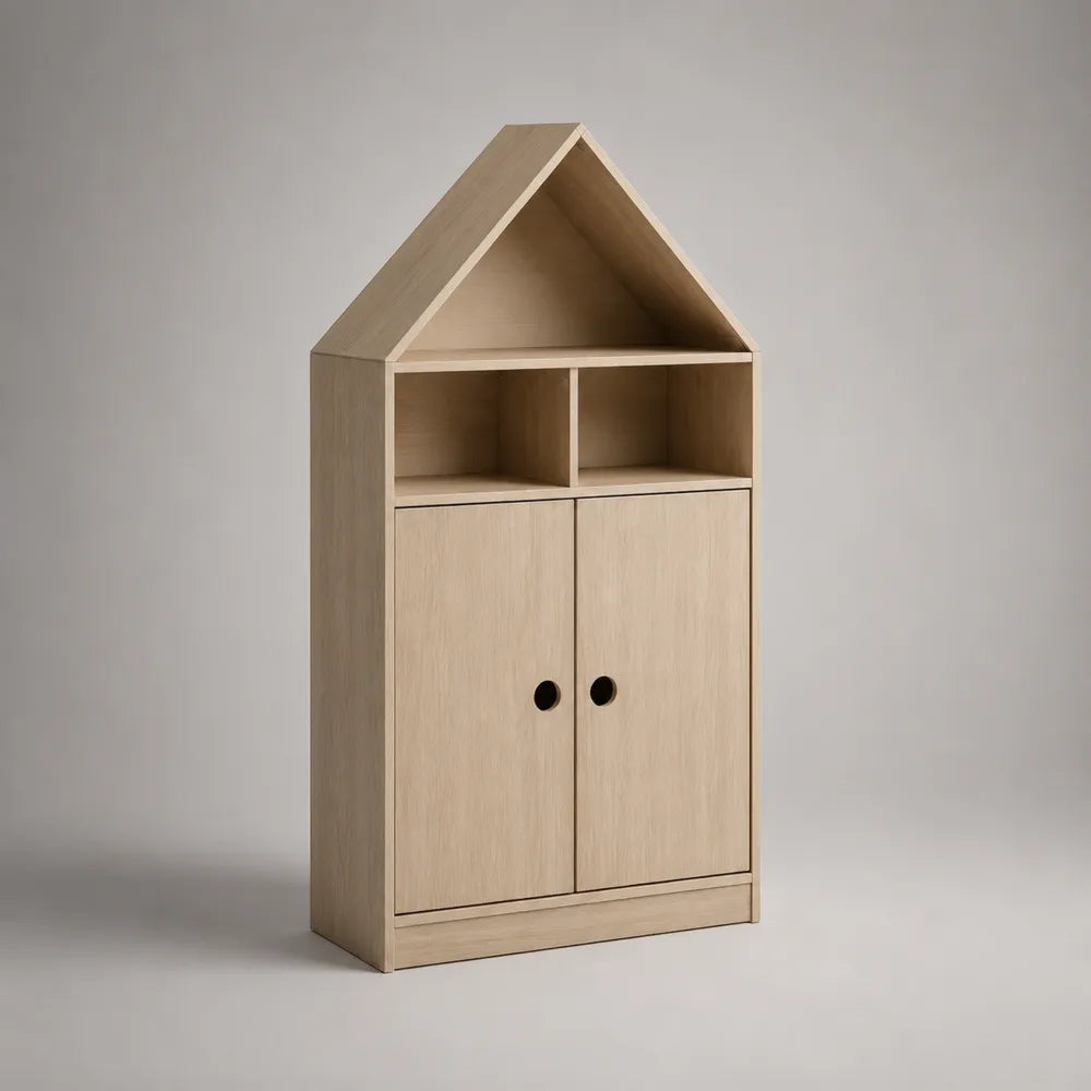 Étagère sur pied en MDF forme maison avec portes et niches ouvertes finition chêne clair 80 x 35 x 160 cm