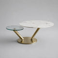 Table basse ronde avec plateau en verre et plateau effet marbre blanc structure en acier doré 90 x 45 cm