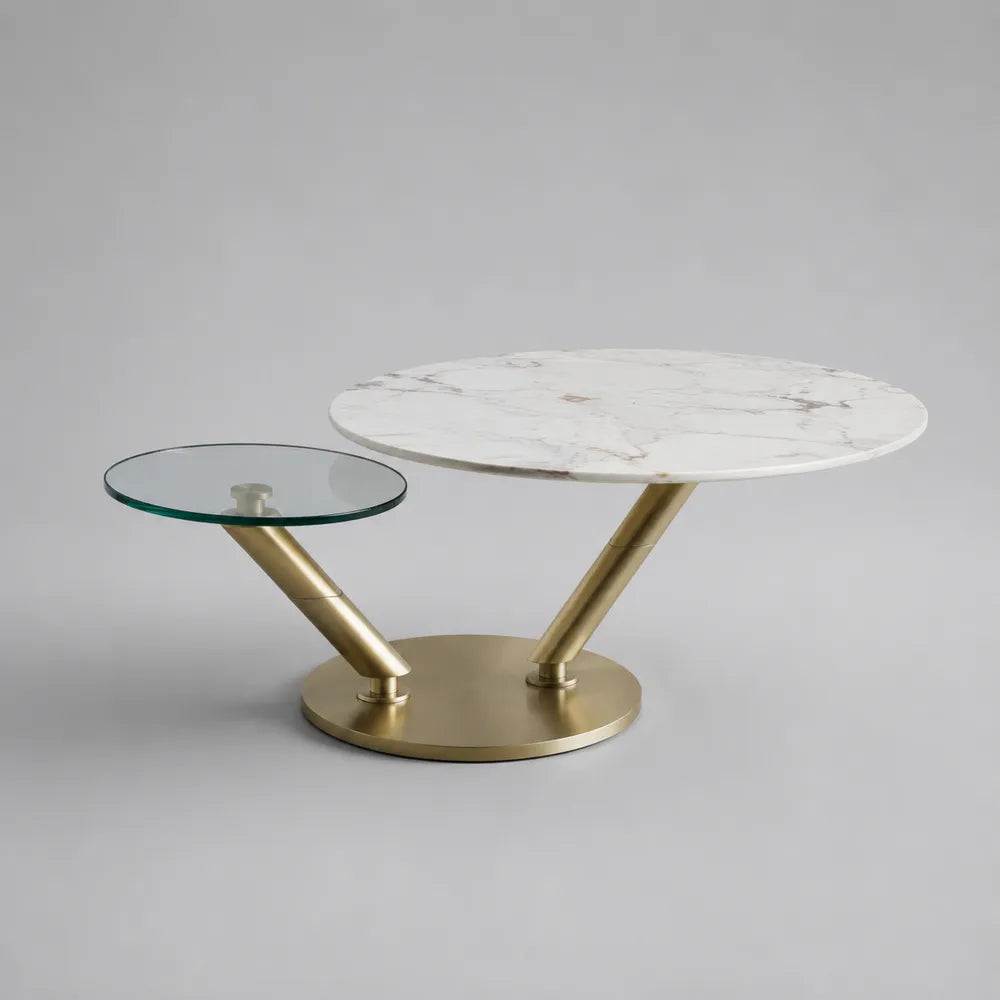 Table basse ronde avec plateau en verre et plateau effet marbre blanc structure en acier doré 90 x 45 cm