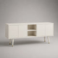Meuble TV 200 cm en MDF blanc avec portes et niche ouverte pieds en acier blanc 200 x 40 x 60 cm