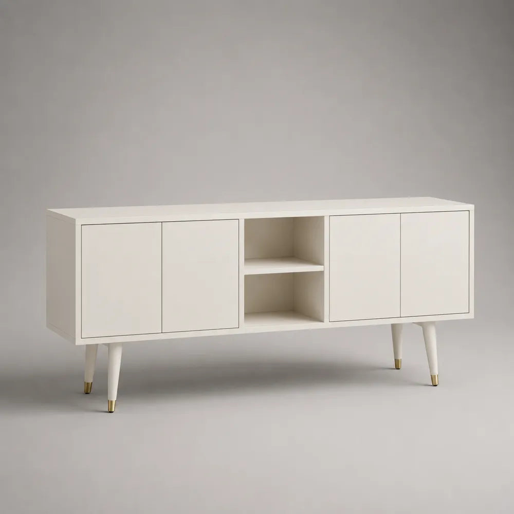 Meuble TV 200 cm en MDF blanc avec portes et niche ouverte pieds en acier blanc 200 x 40 x 60 cm