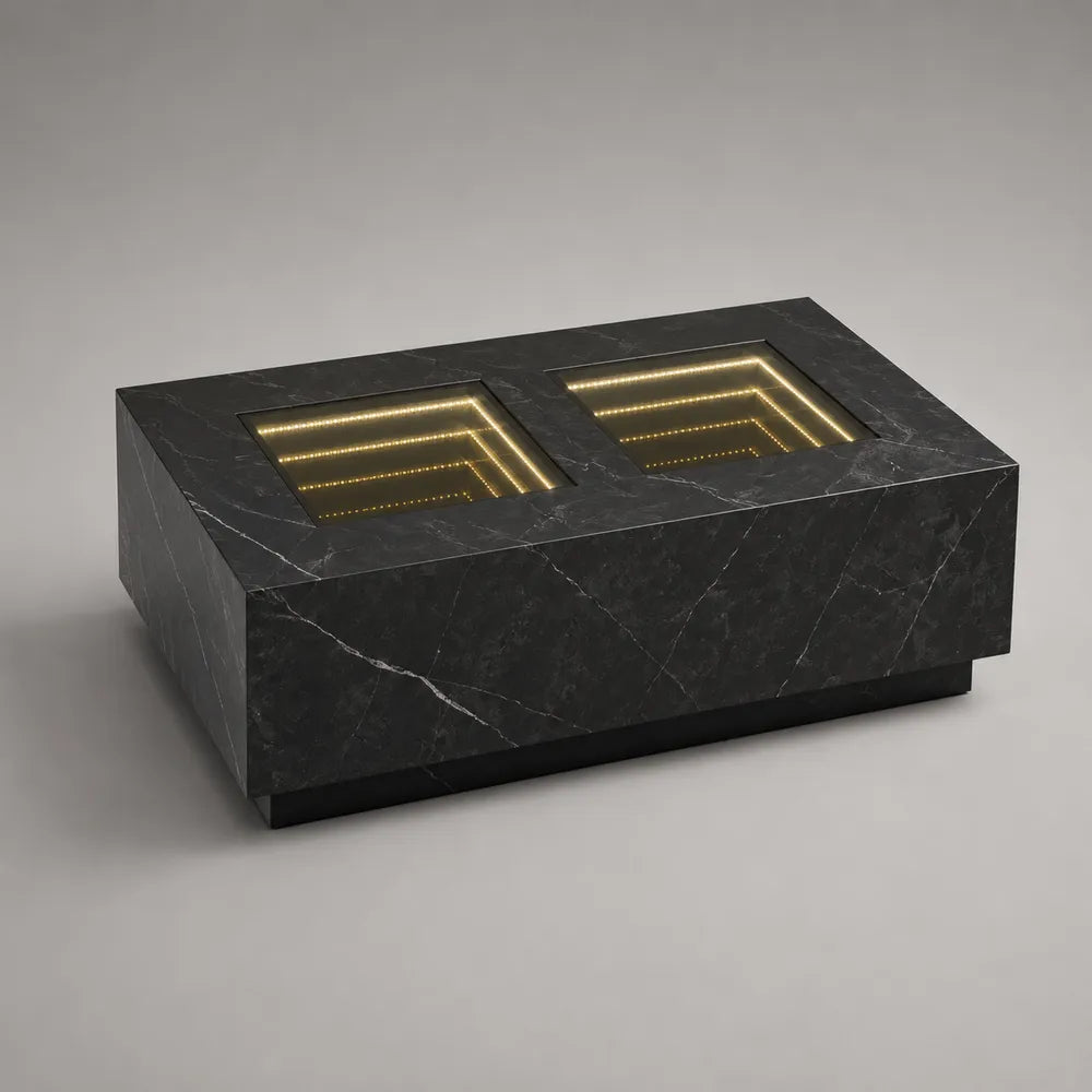 Table basse rectangulaire 120 cm en MDF effet marbre noir avec compartiments vitrés et éclairage LED intégré 120 x 60 x 35 cm