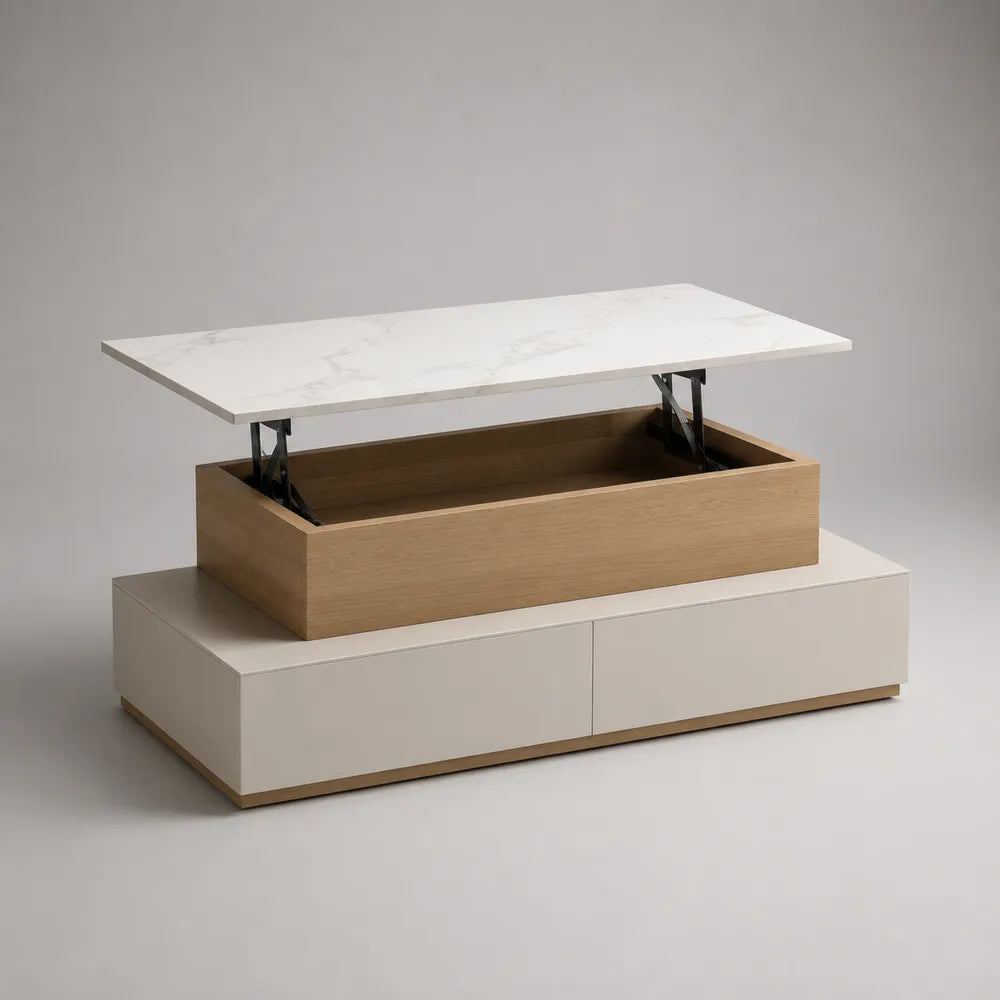 Table basse relevable rectangulaire en MDF blanc effet marbre avec coffre de rangement et plateau décor bois 120 x 60 x 45 cm