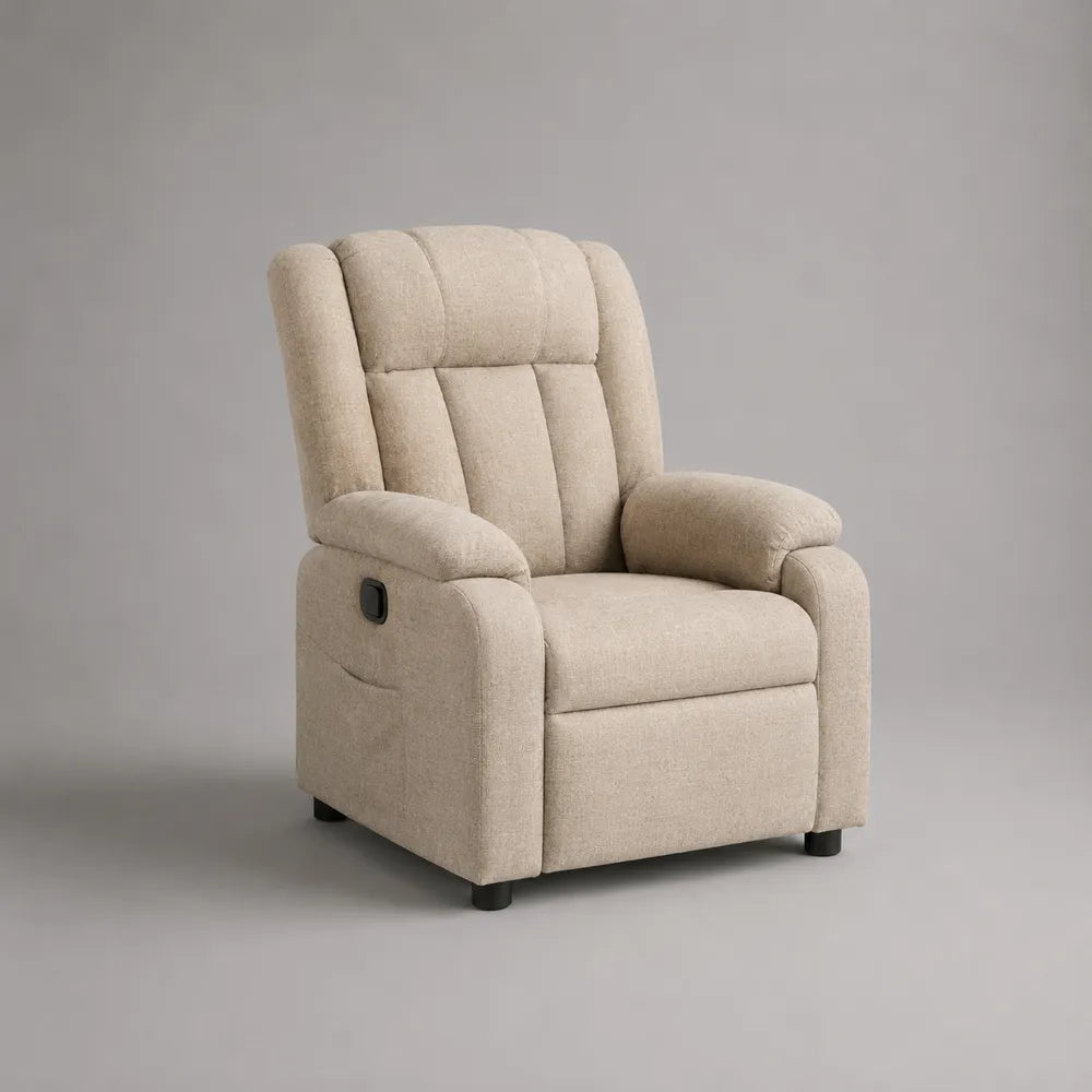 Fauteuil relax 82x90x103 cm en polyester beige avec dossier capitonné et pieds noirs