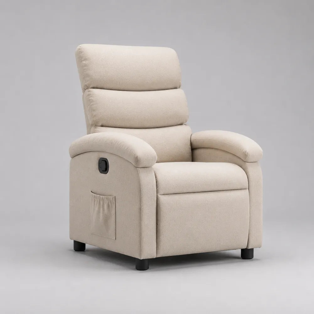 Fauteuil inclinable rembourré en polyester beige avec repose-pieds intégré structure enveloppante 80 x 90 x 105 cm