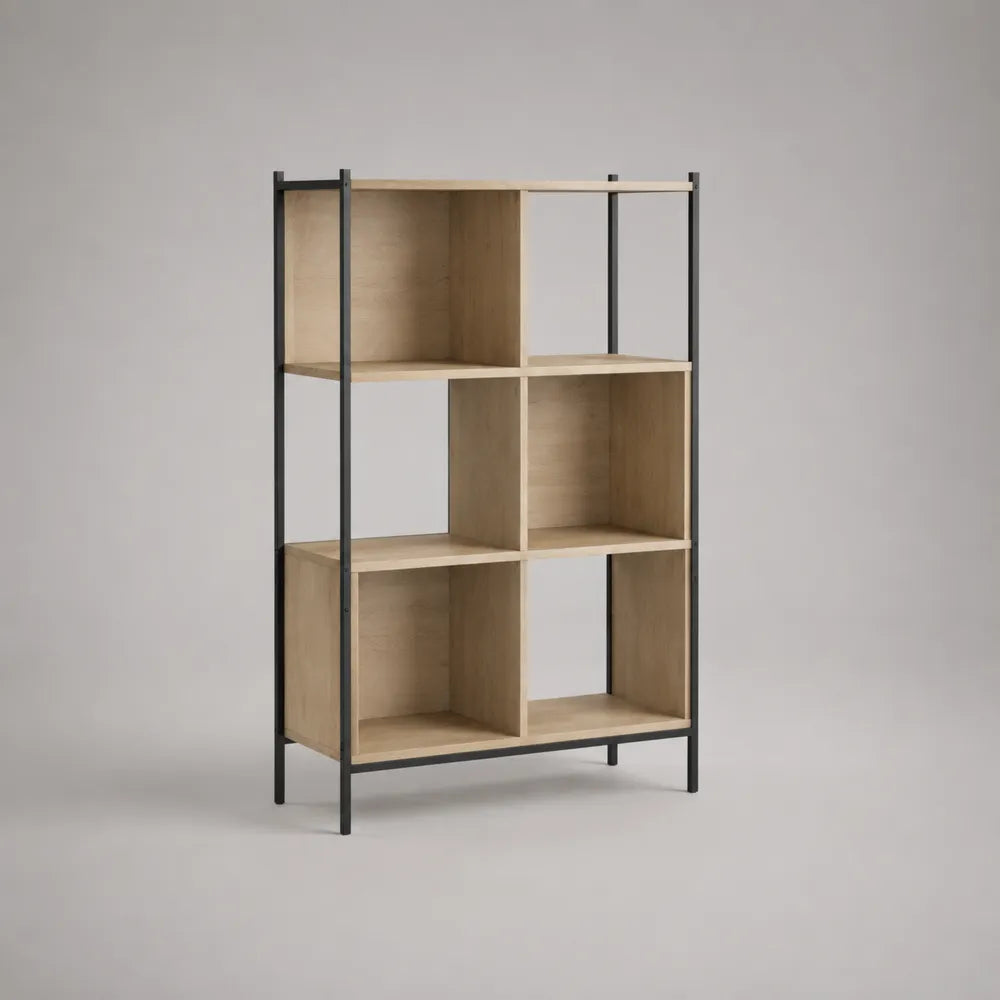 Bibliothèque ouverte en panneaux mélaminés chêne clair avec structure en acier noir 80 x 30 x 150 cm