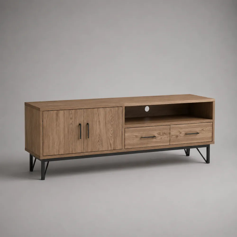Meuble TV 180 cm avec portes tiroirs et niche ouverte en panneaux de particules décor chêne et pieds en acier noir 180 x 40 x 60 cm