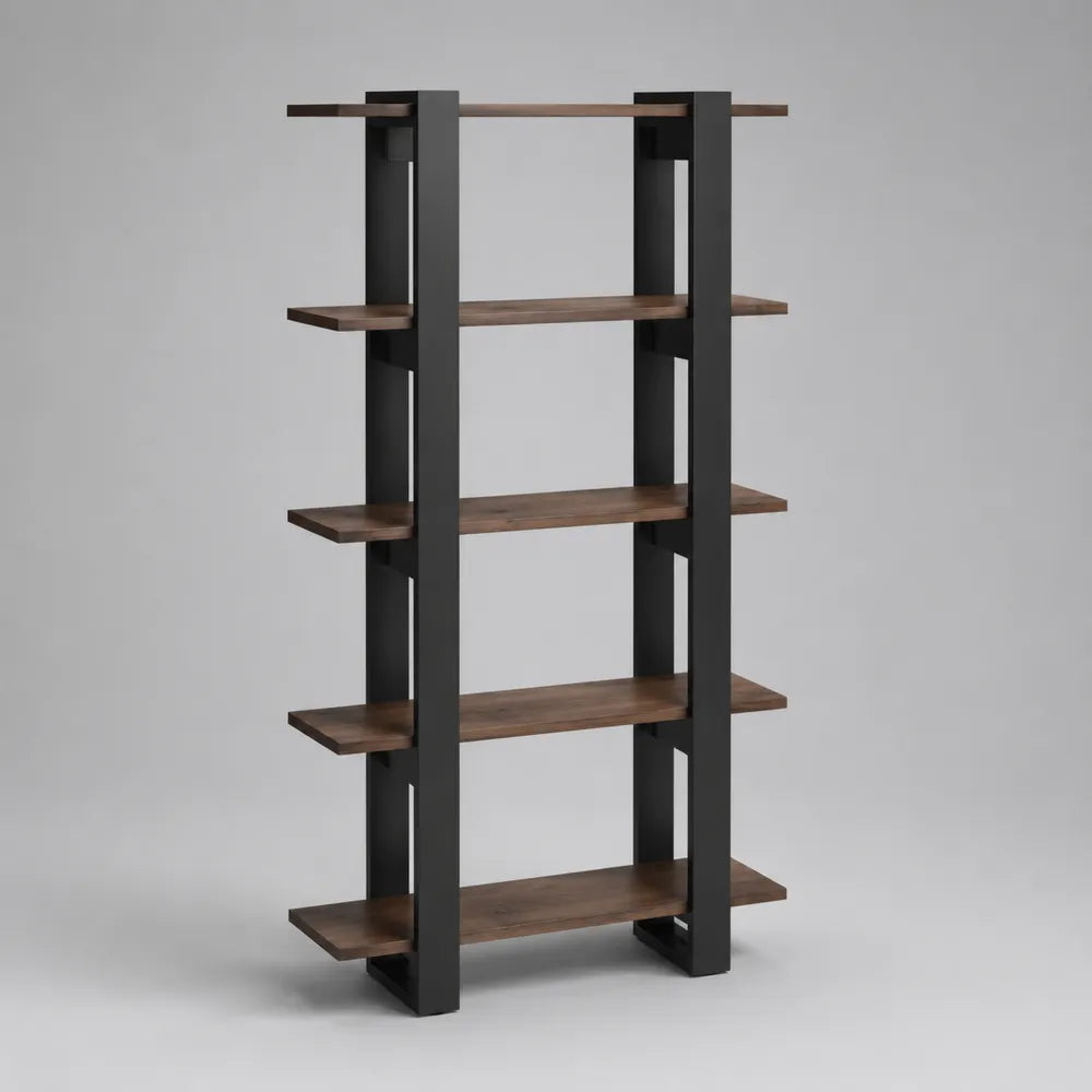 Bibliothèque ouverte en MDF effet noyer avec structure en acier noir 100 x 35 x 180 cm