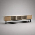 Meuble TV 200 cm en panneaux mélaminés blanc et chêne avec niches ouvertes portes et piètement acier noir 200 x 40 x 50 cm
