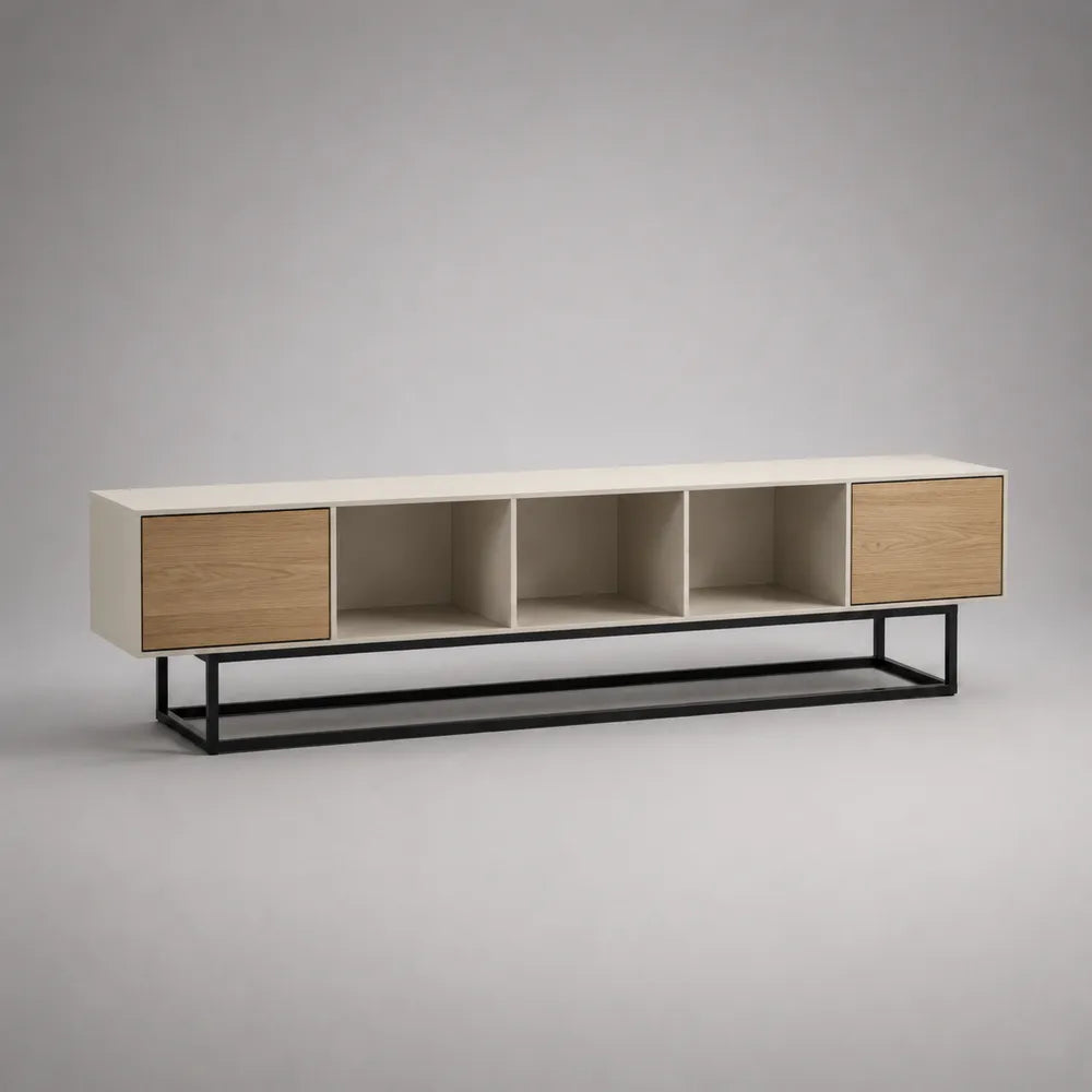 Meuble TV 200 cm en panneaux mélaminés blanc et chêne avec niches ouvertes portes et piètement acier noir 200 x 40 x 50 cm