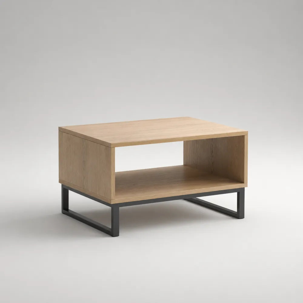 Table basse rectangulaire 100 cm avec niche ouverte en panneaux de particules effet chêne et structure en acier noir 100 x 60 x 45 cm