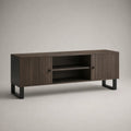 Meuble TV en MDF marron foncé avec portes rainurées niches ouvertes et pieds en acier noir 180 x 40 x 50 cm