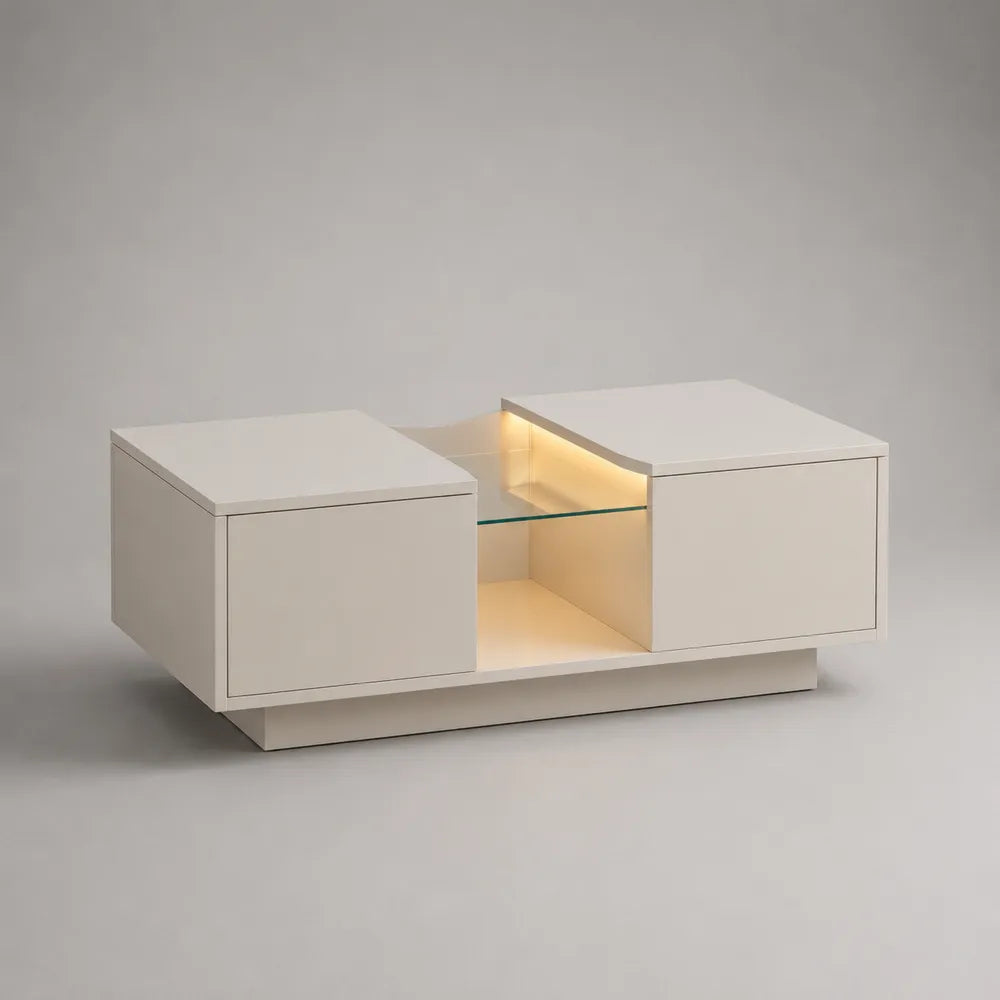 Table basse rectangulaire en MDF blanc avec rangement fermé niche ouverte et éclairage LED intégré 120 x 60 x 40 cm