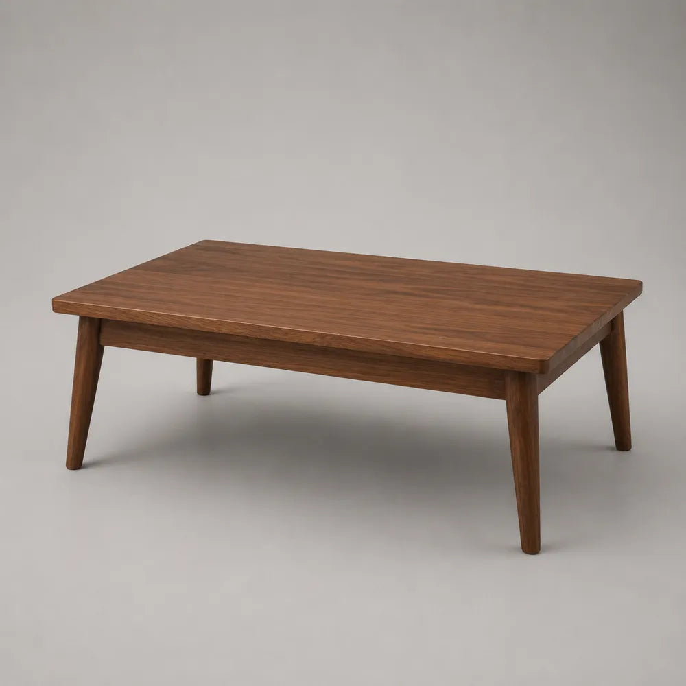 Table basse rectangulaire en panneaux de particules décor noyer avec pieds en bois massif 120 x 60 x 45 cm