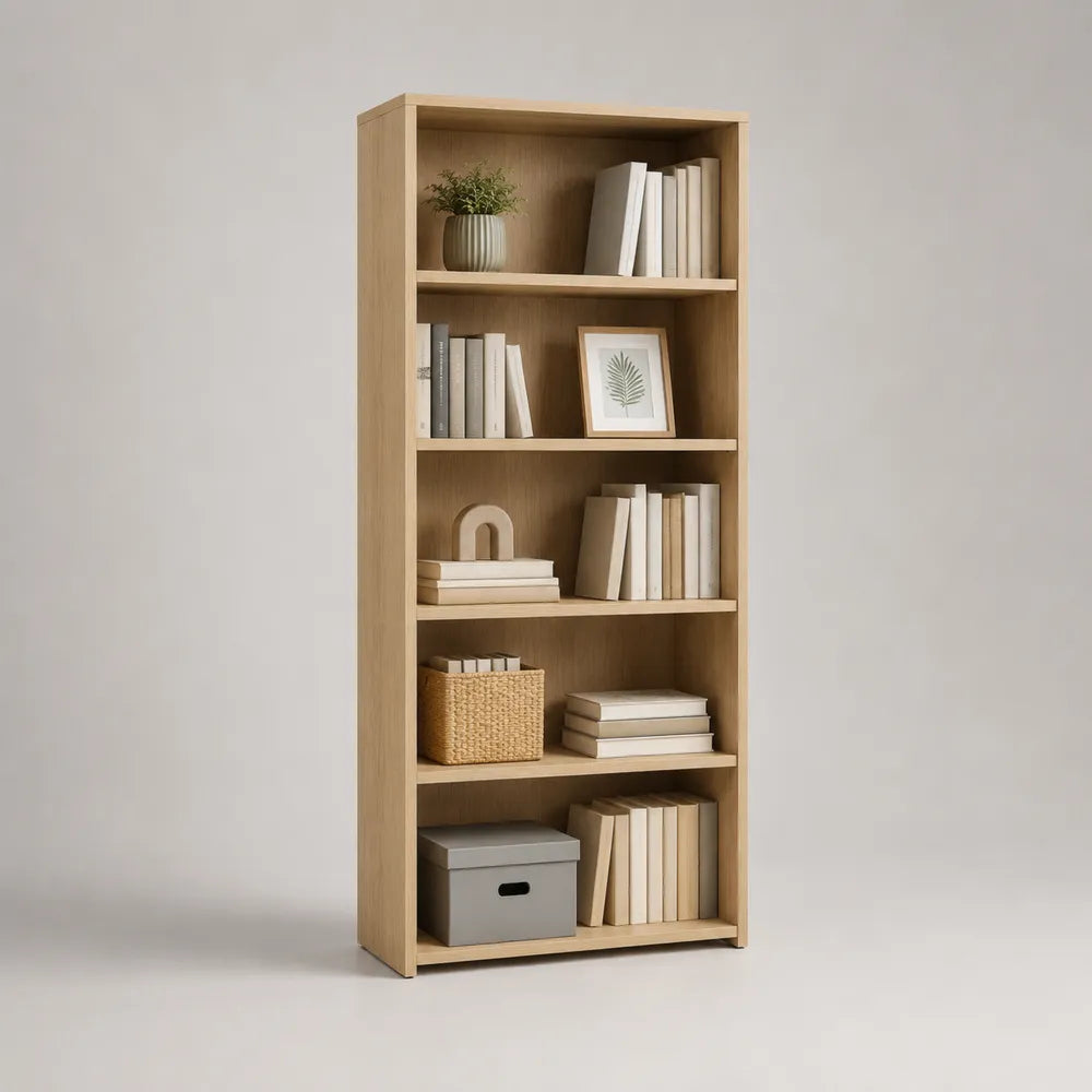 Bibliothèque ouverte 70x30x180 cm en panneau mélaminé chêne clair avec 5 niveaux