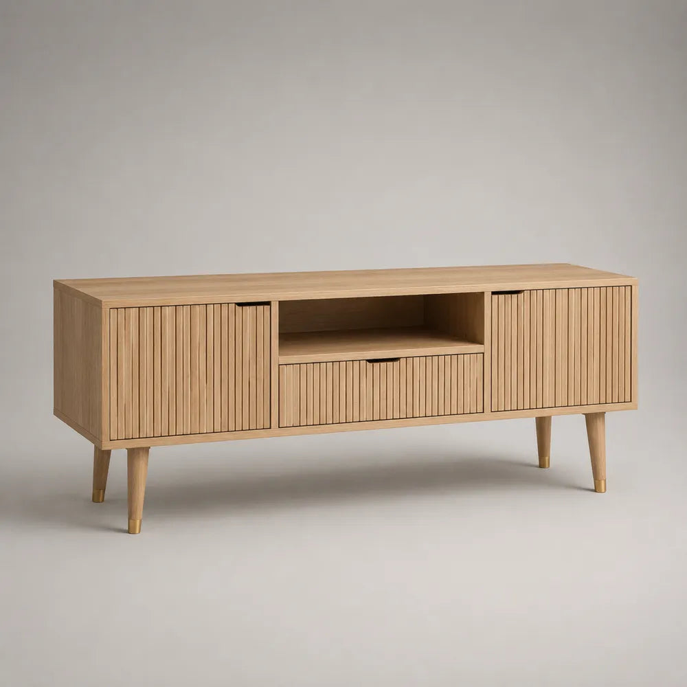 Meuble TV en panneaux de particules décor chêne clair avec portes rainurées tiroir et niche ouverte 180 x 40 x 60 cm